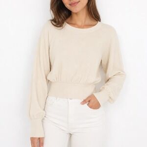 Express One Eleven Womens Ivory Cream Ribbed Waistband Raglan Sweatshirt Size M